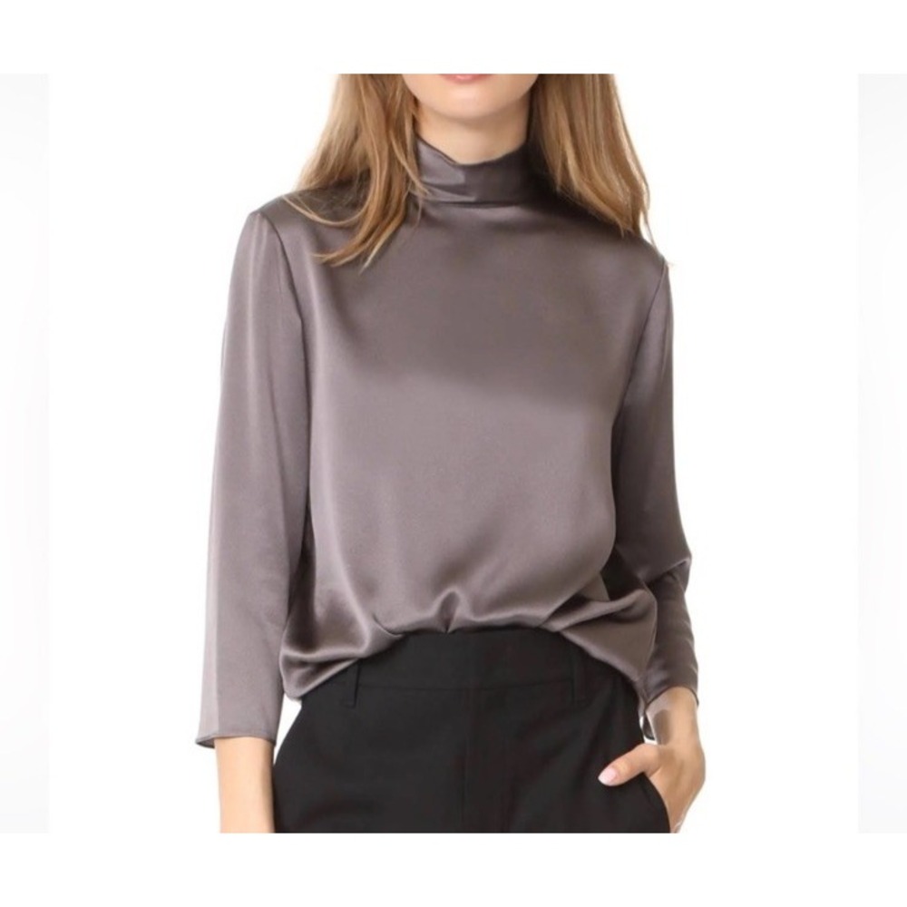 Vince Mock Neck 100% Silk Blouse Mock Neck Top 3/4 Sleeve Size XS Grey Luxurious